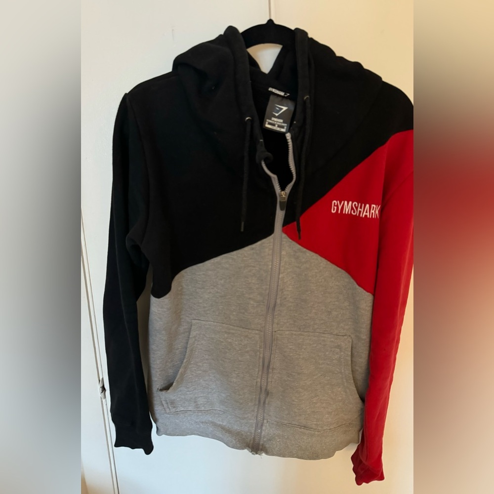 GymShark Tri-Panel Zip Hoodie Black/White/Red Size Medium Rare